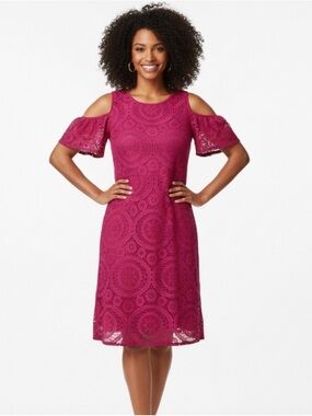 Pink Lace Cold Shoulder Dress Size M Feminine Elegant Midi